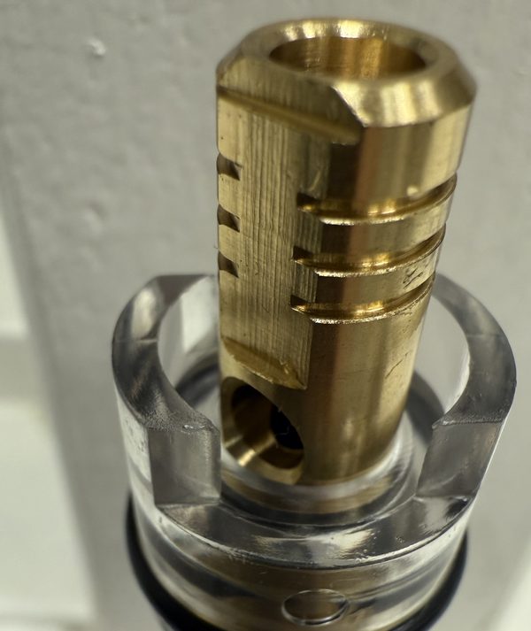 Close-up of the brass stem end on the replacement for Moen 1225